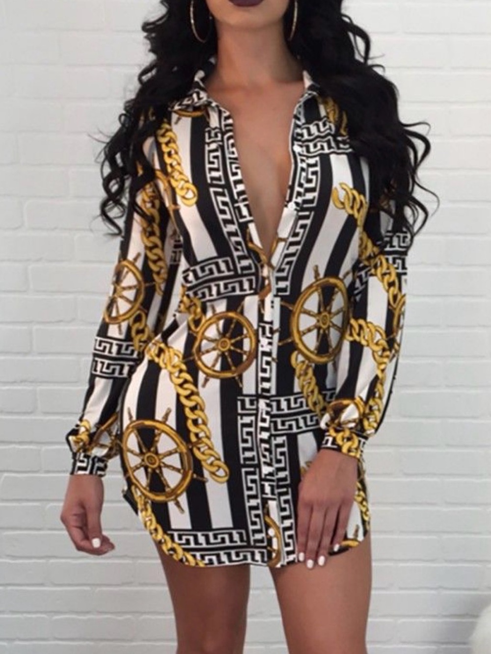 Fashion Nova Black White & Gold Chain-Print Button Mini Dress